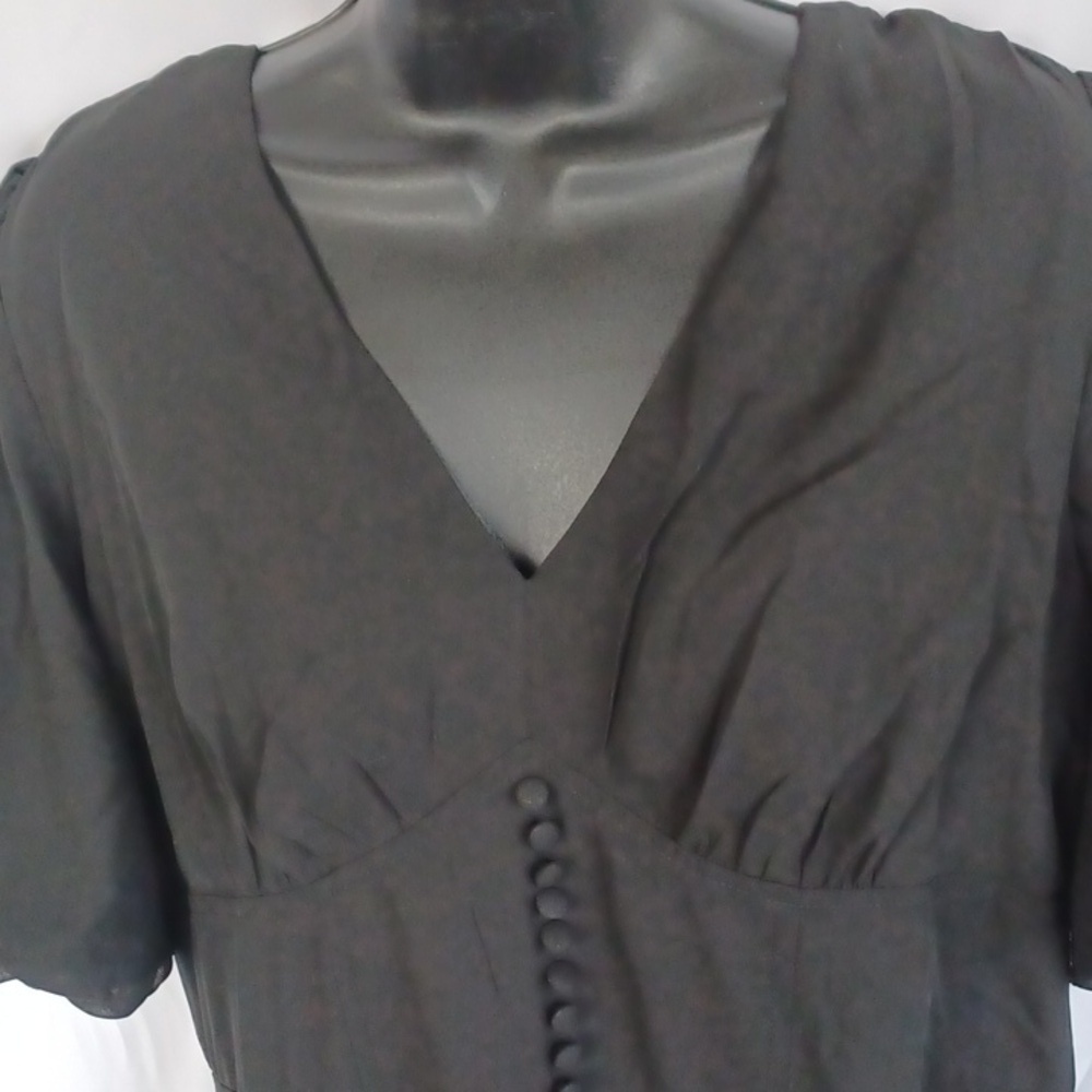 JJ’s House Formal V-nech A-line Chiffon Black Midi Dress with Puff Sleeves - Picture 6 of 9